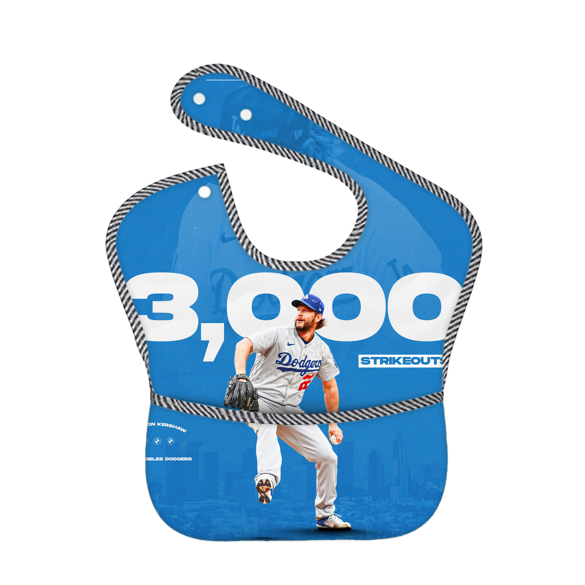 Clayton Kershaw  3K 18 Adjustable Waterproof Toddler Bib – Full-Print Durable Polyester – Foldable Crumb Pocket – Easy Snap Closure – Soft