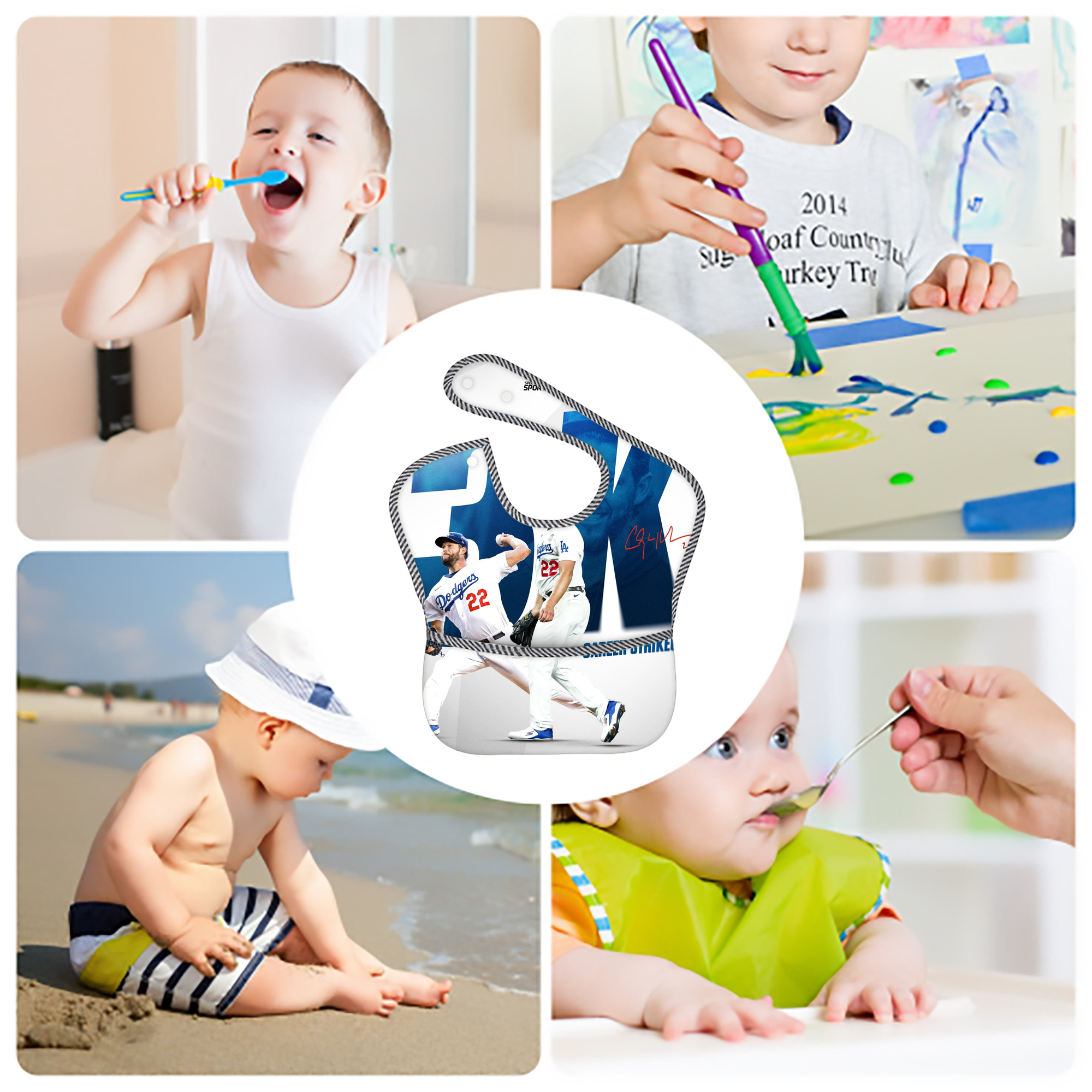 Clayton Kershaw  3K 9 Adjustable Waterproof Toddler Bib – Full-Print Durable Polyester – Foldable Crumb Pocket – Easy Snap Closure – Soft