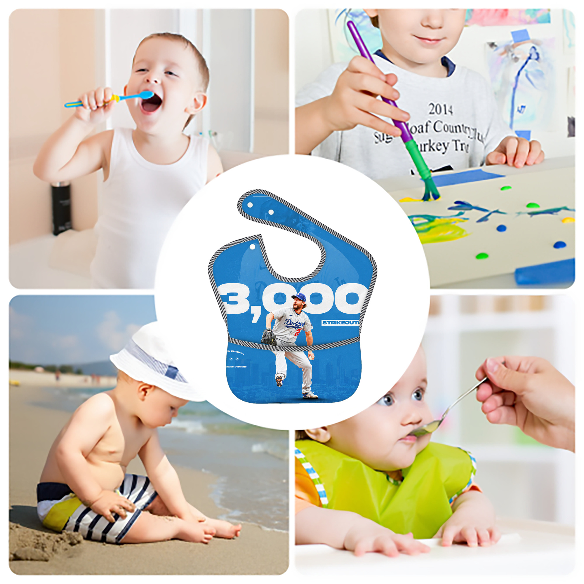 Clayton Kershaw  3K 18 Adjustable Waterproof Toddler Bib – Full-Print Durable Polyester – Foldable Crumb Pocket – Easy Snap Closure – Soft