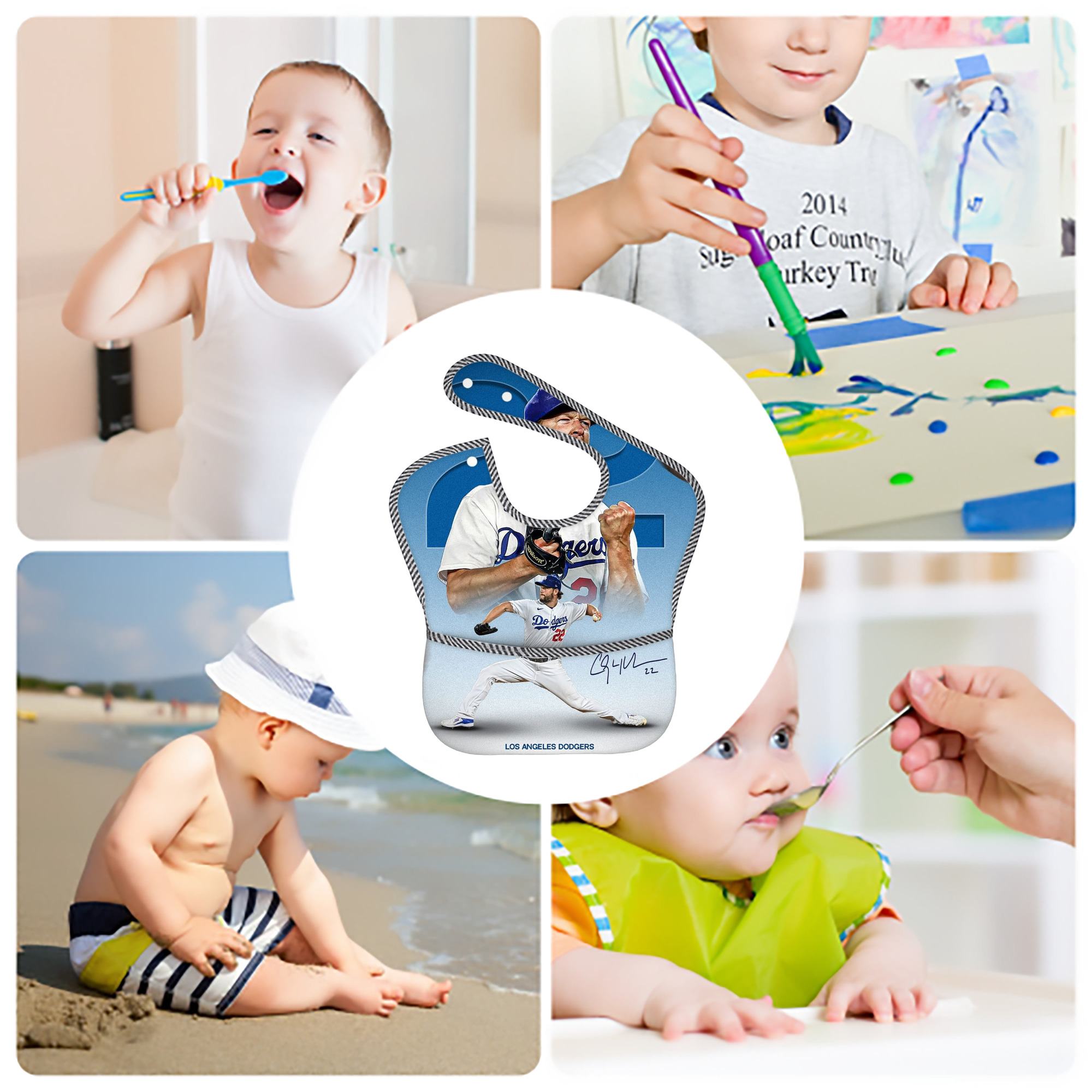 Clayton Kershaw 5 Adjustable Waterproof Toddler Bib – Full-Print Durable Polyester – Foldable Crumb Pocket – Easy Snap Closure – Soft