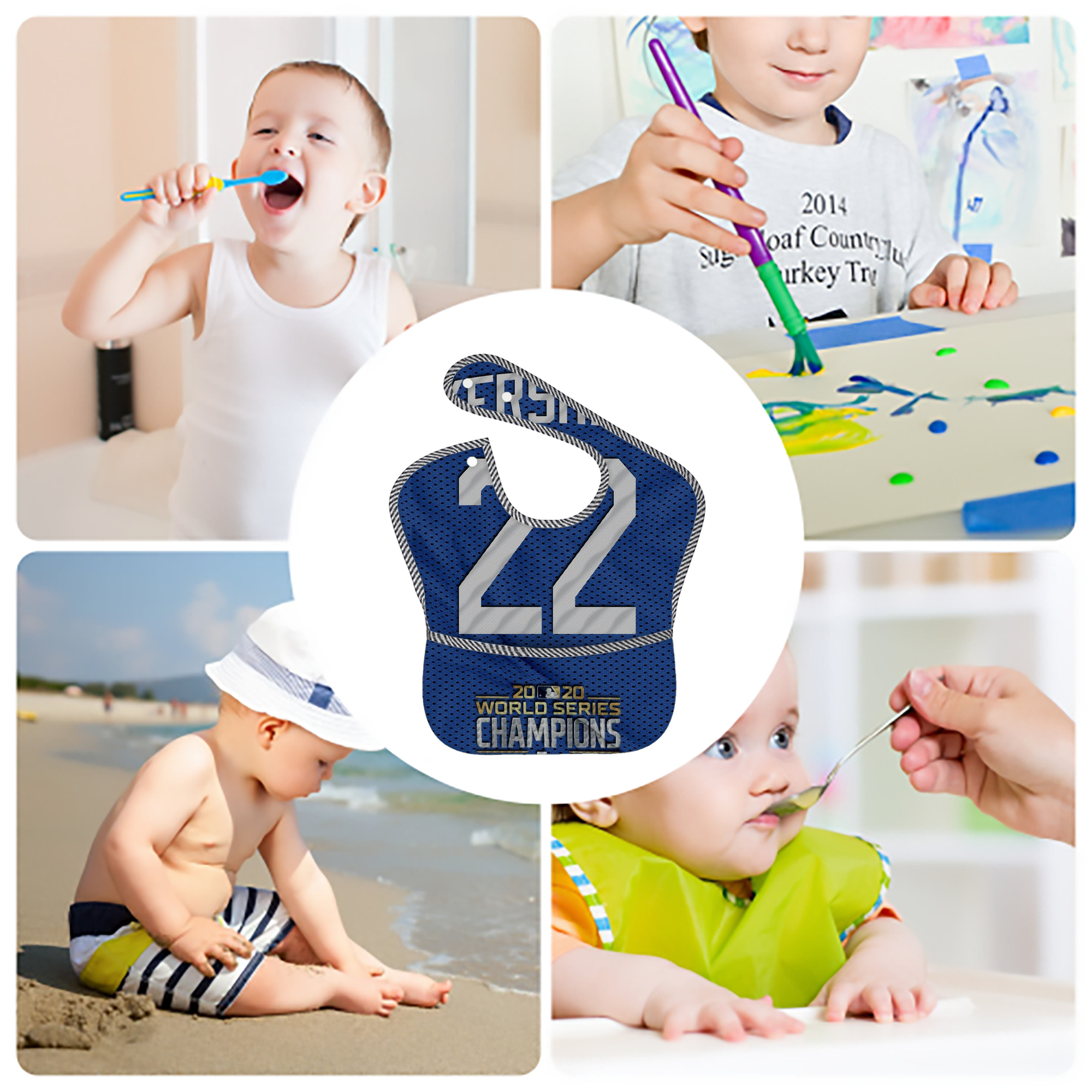 Clayton Kershaw 11 Adjustable Waterproof Toddler Bib – Full-Print Durable Polyester – Foldable Crumb Pocket – Easy Snap Closure – Soft