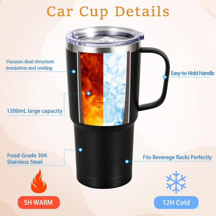  40oz Handle Car Tumbler – Durable Stainless Steel Travel Mug With UV Print – Double Wall Insulated, Fits Most Car Cup Holders